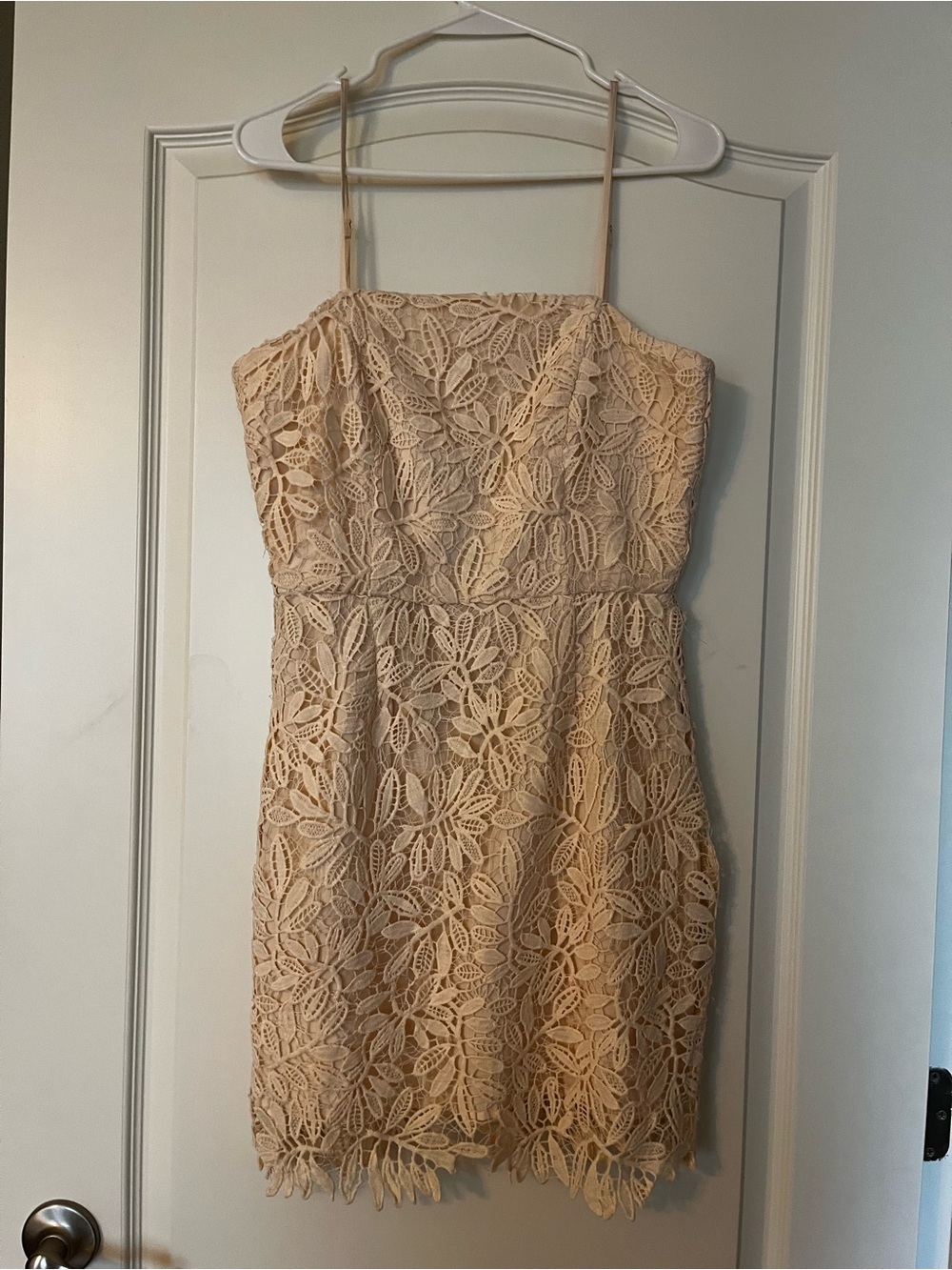 NSR Beige Crochet Lace Mini Dress with Spaghetti Straps